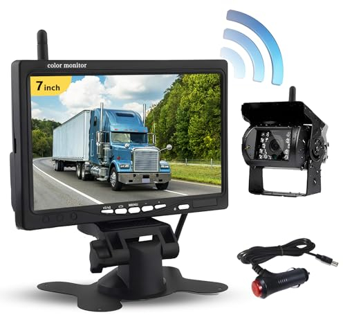 Hikity Digital Rückfahrkamera Kabellos Set, 7 Zoll LCD Monitor IP68 wasserdichte Nachtsicht Rückfahrkamera Funk, Kamera für Wohnmobil, Wohnwagen, LKW, Bus, Van (12-36 Volt)