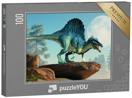 puzzleYOU: Puzzle 100 Teile „3D-Illustration: EIN Spinosaurus auf Einer Klippe bei Mondschein“ – aus der Puzzle-Kollektion Dinosaurier, Tiere aus Fantasy & Urzeit