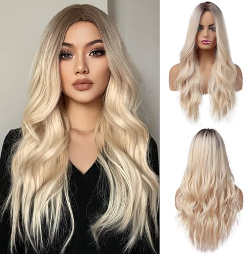 OUFEI Lange Gewellte Blonde Perücke für Frauen Natürliches Synthetisches Haar Hitzebeständige Perücken für Tägliche Party Cosplay Tragen