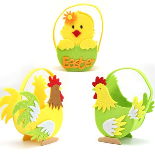 Canasta de Pollito de Pascua, 3 Unids Canasta de Pascua para Niños, Cesta Fieltro Pollito de Pascua, Huevos de Pascua Cesta, Canastas de Pascua con Asas para Rellenar