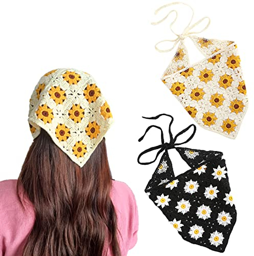 2 Stück Häkelhaar Bandana Floral Haar Schal Boho Kopftuch Vintage Stirnbänder Dreieck Haargummi Handgemachte Haarschmuck für Mädchen Frauen (Gelb/Schwarz)
