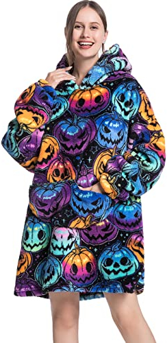 JOJJJOJ Coperta oversize con cappuccio, con tasca gigante, coperta comoda e calda in pile Sherpa, felpa/accappatoio per uomini e donne, idea regalo per ragazzi, Pumpkin, taglia unica plus
