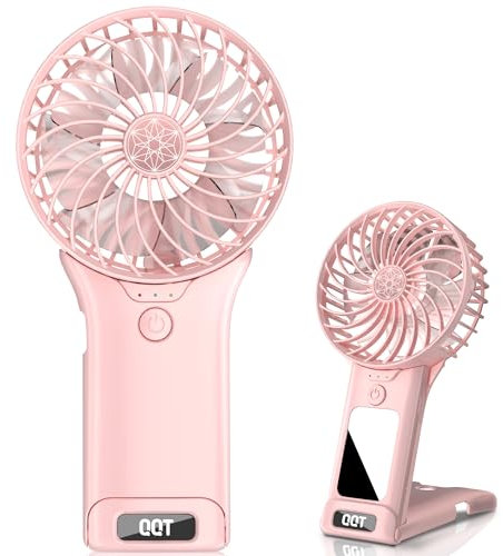 QQT Mini Handheld Fan,4 Speed Adjustable Portable Battery Operated Fans,USB Rechargeable Desk Fan with Mirror,Max 20 Hrs Hand Fan For Travel Office Outdoor Women Men (Pink)