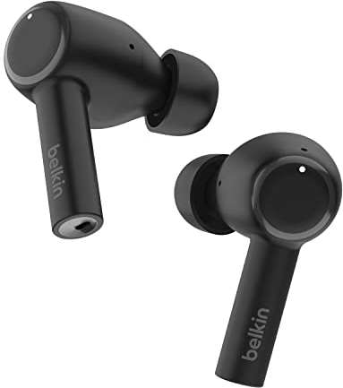 Belkin SoundForm™ Pulse Auricolari con cancellazione del rumore, custodia di ricarica wireless e 3 microfoni per auricolare; cuffie Bluetooth resistenti all'acqua (IPX5) per iPhone e Samsung - Nero