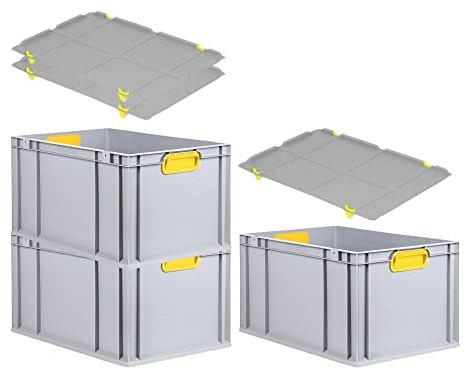 PROREGAL SuperSparSet 3x Eurobox NextGen Color mit Auflagedeckel & Schiebeschnappverschlüsse, HxBxT 32x40x60cm, 65L, Griffe gelb geschlossen, Verstärkter Boden, Eurobehälter Transportbox