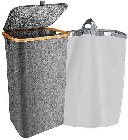 Makerfire 100L Laundry Basket with Lid, Extra Large Collapsible Laundry Hamper with Removable and Washable Inner Bag, Slim Laundry Bin with Bamboo Handles Suitable for Bedroom and Bathroom (Grey)