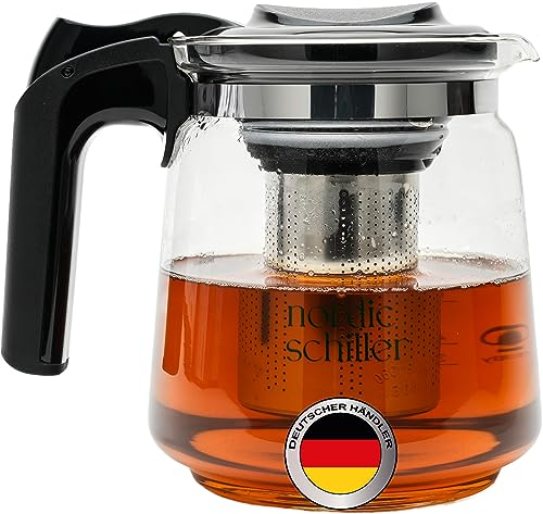 NORDIC SCHILLER Premium Teekanne Glas, Hitzebeständig Glaskanne mit Deckel 1,5 Liter Teekanne mit Siebeinsatz Teekanne Thermo mit Edelstahl Filter Sieb, Tea Maker, Teekanne mit Sieb Tee Kanne Aus Glas