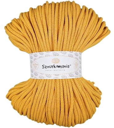 Braided Cotton Cord 5 mm 100 m, 46 Colours, Crochet Cord, Macrame Cord, Macrame Yarn, Premium Yarn, Macrame Rope, Sznurkomania (Yellow)