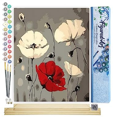 Figured'Art Peinture par Numéro Adulte Fleurs Rouge et Blanches - Activité Manuelle Kit de Loisir Créatif DIY Numéro d'Art Complet - 40x50cm avec châssis en bois à monter