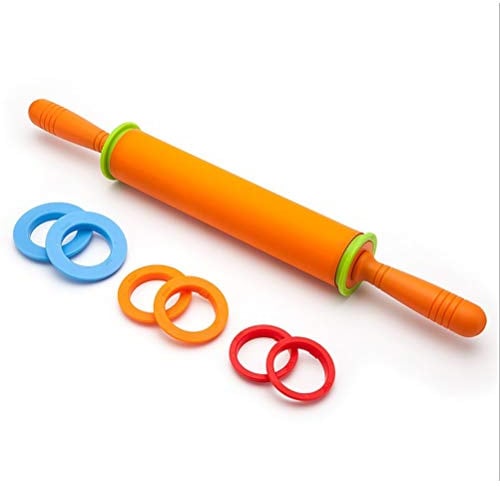 Silikon-Nudelholz mit 4 Abstandshaltern Teig, Pizza, Antihaftbeschichtetes Nudelholz, Back- und Gebäckwerkzeug (Orange)