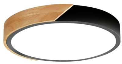 M Ledme - Plafonnier LED Rond Noir 24W avec Télécommande, Réglable 2700K-6500K du Blanc Froid au Blanc Chaud et Intensité, 2400lm, Design Blanc avec Bois Naturel, pour Salle de Bain, Cuisine