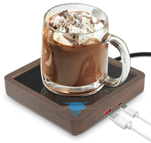 Coffee Mug Warmer with 2 USB Charging Ports: Auto Shut-Off Candle Wax Warmer - Heated Beverage Coffee Accessories for Home Office Desk - U1 Wood