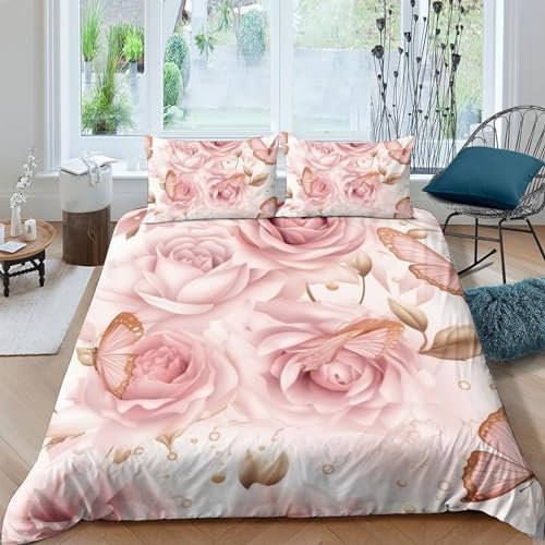 XILENY Rose Comforter Covers 3D Print Pink Gold Details for Teens And Adults Duvet Cover Quilt Cover Soft Microfiber with Zipper Closure with Pillow Cases Bedding Set 3 Pieces Double(200x200cm)