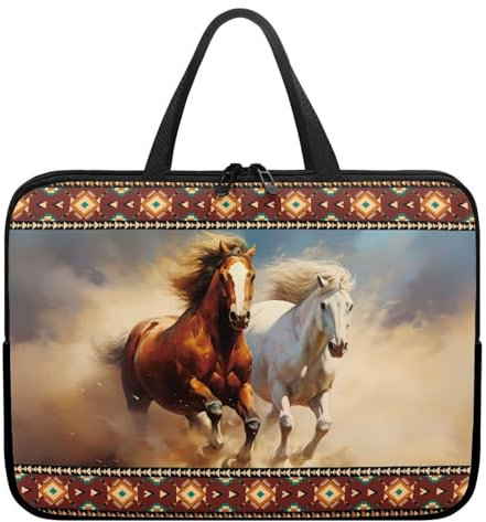Suhoaziia Custodia per computer portatile da 12 pollici, motivo azteco, cavallo da corsa, custodia per computer portatile, borsa per tablet con maniglia, borsa per il trasporto impermeabile per