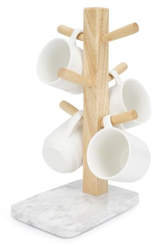 WORHE Marmor-Becherhalter, 6 Haken, Kaffeetassenständer, Verbesserte stabile Dichtung, Tassenregal für Kaffeebar-Zubehör und Dekoration Kaffee-Organizer-Station, Weiß(WH032)
