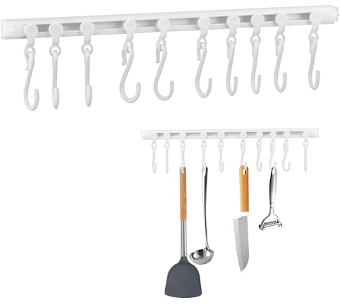 fuxunamz Hakenleiste Küche 30cm, Hakenleiste Selbstklebend Aufhängeschiene mit 10 Haken Küchenhalterung, Ohne Bohren Küchenhaken Küchenregal, Hängend Küchenleiste Küchenzubehör für Küche Badezimmer