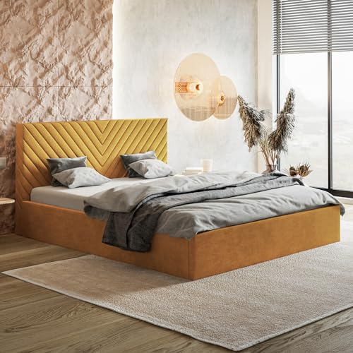 MOTIVENA Wenus Bett 140x200 Golden Samt, mit Stauraum, mit Kopfteil, mit Lattenrost, ohne Füße, ohne Matratze, Polsterbett 140x200 mit Bettkasten Golden