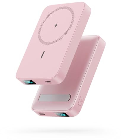Power Bank Magnético para MagSafe, 10800mAh Bateria Externa Inalámbrica PD 22,5W USB C Carga Rapida Bateria Portatil con Soporte Plegable Pantalla LCD Power Bank para iPhone 16/15/14/13/12 Series-Rosa