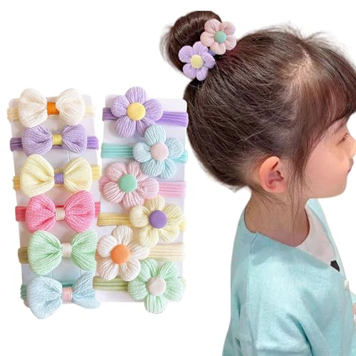 Klein Haargummi, 12 Stück Weich Haargummi mit Schleifen Blumen, Mini Elastische Haarbänder für Mädchen Baby Kleinkind (MIX-A 12 PCS, ONE SIZE)