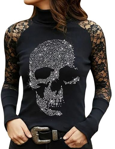 RLEHJN Halloween Turtle Neck Tops for Women UK Clearance Lace Long Sleeve Tops Skull Hot Rhinestone T-Shirts Slim Fit Tunic Tops Sexy Casual Blouses Black Size 8-16