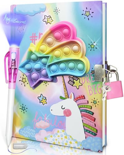 Pop Diario Segreto Bambina con Lucchetto & Penna Invisibile a Doppio Estremo, 80 Fogli a Righe Antistress Unicorno Pop Bubble Diario con Lucchetto Bambino Penne Inchiostro Invisibile Regalo Bambina