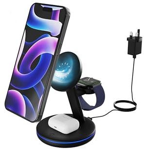 3-in-1 Magnetic Wireless 15W Fast Mag-Safe Charger Stand with QC3.0 Adapter for Apple iPhone 15,14,13,12 Pro Max, Pro, Mini, Plus, iWatch Ultra 9, 8, 7, 6, 5, 4, 3, 2, AirPods