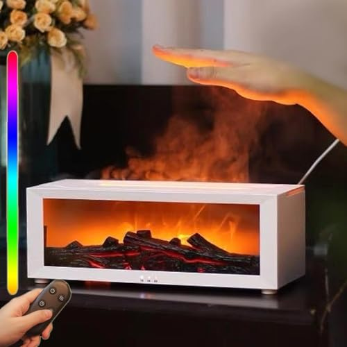 PKKP Aroma Diffuser Kamin, Flammen Aroma Diffuser, 150ML LED Kamin Bonfire Diffuser mit 7 Farben Licht und Timer, Fireplace Diffuser mit Fernbedienung, DuftöL Diffuser für Zuhause Büro (Weiß)