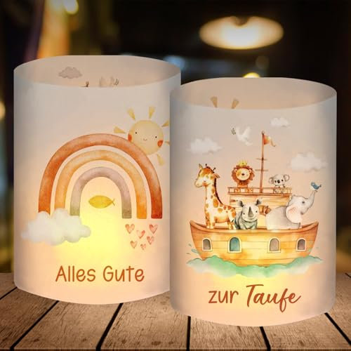 12 Windlicht Tischdeko Taufe, Taufdeko Junge Mädchen Regenbogen Arche Noah, Taufe Geschenke Gastgeschenke, Taufgeschenke für Jungen Mädchen Geeignet für Teelichter oder Kerzen
