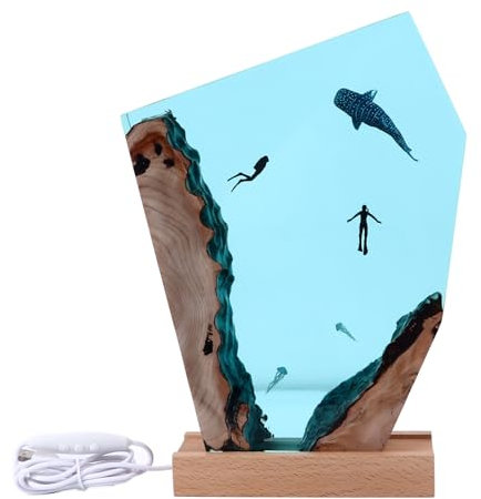 Gsycle Harz-Ozean-Lampe, handgefertigte Ozean-Taucher-Wal-Nachtlicht-Höhle, Walhai-Taucher-Ornament, Holzlampe, Schreibtisch-Kunst-Ornamente für Zuhause
