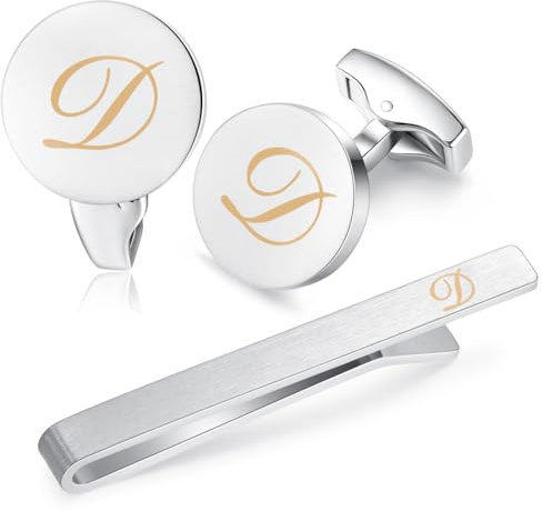 HONEY BEAR manschettenknöpfe & krawattennadel Krawattenklammer Set Initialen Buchstabe Herren Hochzeit Cufflinks Manschettenknopf Silber, 5.4cm (D upgrade mit Box)