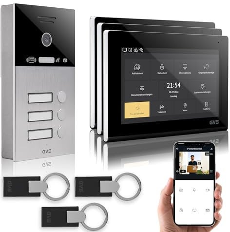 GVS - IP Video Türsprechanlage 3 Familienhaus mit Türöffner (RFID), HD Kamera, 3X 7 Zoll Monitor & App - Smarte Video Türklingel mit Kamera & Gegensprechanlage (AVS4091A)