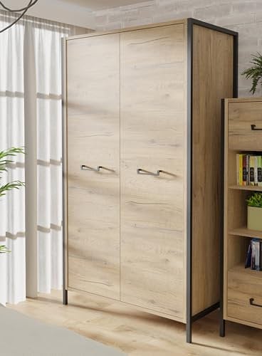 FORTE Oriental Tree Kleiderschrank 110, Kleiderschrank im Industrial Stil, 2-türig, Drehtürenschrank, Holzwerkstoff, Bartex Eiche Holzdekor/Schwarz, 109,1 cm breit x 199,9 cm hoch x 62,2 cm tief