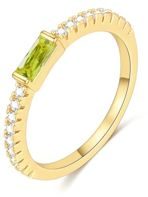 RLMOON Gold Birthstone Rings for Women Non Tarnish 14K Gold Plated Stackable Ring Dainty CZ Olive Green Gemstone Eternity Band Size 7