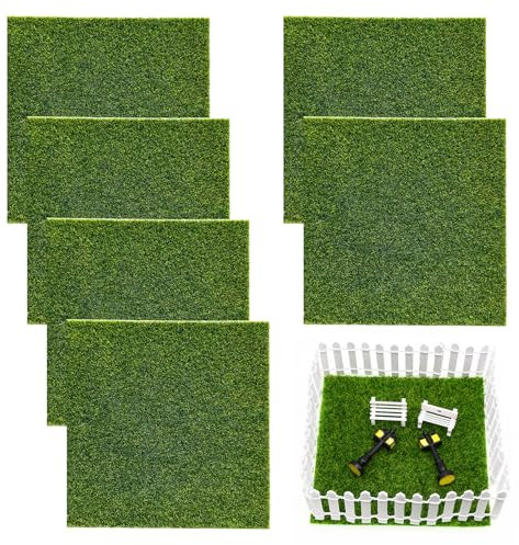 Scettar 6 Stück Kunstrasen, 15x15cm Miniatur Rasen Dekoration, 90cm Wichtel Zaun, Garten Kunstrasen Verzierung, Miniaturgarten Rasen für Miniatur Deko, Puppenhaus, Garten