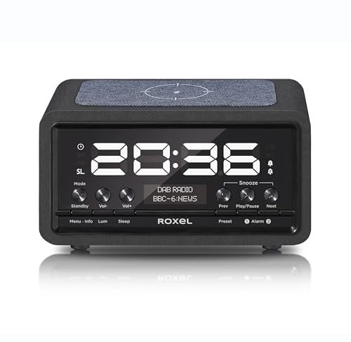 Roxel Nod2 DAB Radio, DAB+ & FM Radio, Alarm Clock, Wireless Qi Charging Large Digit Display Dual Bedside Alarm Clock with Wireless Streaming (Black)
