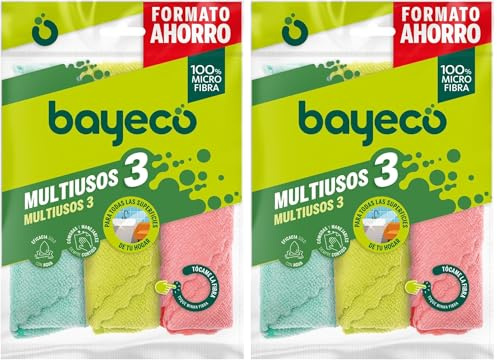 Bayeco - Pack Bayetas Multiusos - 100% Microfibra - Todo Tipo de Superficies - Gran Capacidad de absorción y Acabados sin Marcas ni Pelusas, sólo con Agua, 3 Unidades (Paquete de 2)