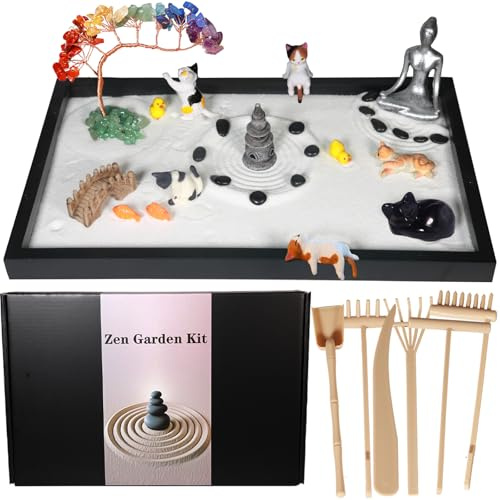 Dreamgirnh Zen Garden for Desk, with Crystals and Healing Stones & Cat Figures, Miniature Meditation Sand Garden Stress Relief Desk Decor, Tools for Relaxation and Mindfulness