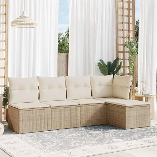 IKAYAA 5-TLG Rattan Gartenmöbel Set, Balkon Lounge, Outdoor Loungemöbel Rattan Sitzlounge Ecklounge Ecksofa Gartensofa Balkonsofa Beige und Creme Type-72