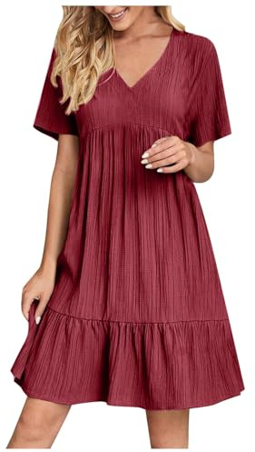 EMATOP Damen Kleider Elegant Leicht Sommerkleid Knielang Minikleid Kurzarm Casual Strandkleid V-Ausschnitt Sexy Freizeitkleider Einfarbig Bequemes Tunika Kleid Hohe Taille Plissiert Blusenkleid