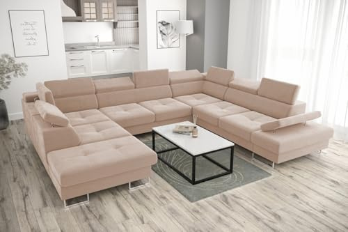 Friderik Ecksofa Galaxy MAX I Ecksofa mit Schlaffunktion, 280x350x225 cm, Stoff Gemma, Bettkasten, verstellbaren Kopfstützen & Armlehne (Beige, Rechts)