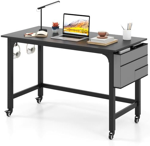 FANTASK Tavolo per computer con sacchetto, gancio e quattro ruote, tavolo da lavoro con sacchetto in tessuto, 120 x 60 x 75 cm