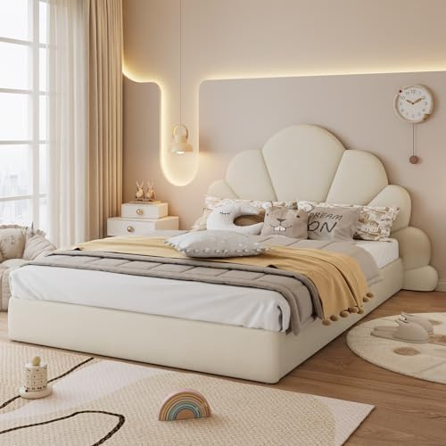 Ligterra Doppelbett Polsterbett 90x200cm Polsterbett mit Blüten-Kopfteil Modernes Samt Bettgestell in Beige Einfacher Aufbau, Stilvoll & Bequem