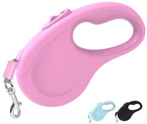 Retractable Dog Lead, 16Ft/5M Light Weight Retractable Lead for Small Medium Dogs Up to 50lbs, Strong Nylon Tape 360° Tangle-Free One-Hand Brake (Pink)