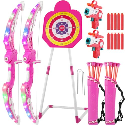 Verdantree 2 Pack Arc et Flèche pour Enfants avec Lumières LED, Jouet Enfant de Tir à l'arc Lumineux, Jouet d'Intérieur et d'Extérieur pour 3-12 Ans Cadeau Garçons Filles