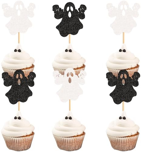 24Stk Halloween Geister Kuchen Topper Geister Geburtstagsfeier Dekorationen | Glitter Schwarz Weiß Geister Cupcake Topper Halloween Geister Baby Dusch Tortenaufsatz Boo Geburtstag Kuchen Dekorationen