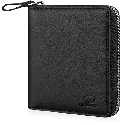 BROWN BEAR Geldbörse Leder klein Reißverschluss mit Münzfach - BB Max BK | Echtleder Schwarz Nappa RFID-Schutz Mini Portemonnaie für Damen & Herren BB Design Geldbeutel Zip umlaufend