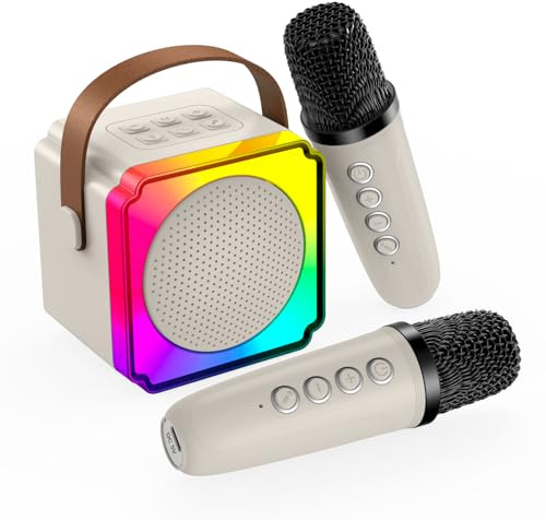 Machine à Karaoké avec 2 Microphone sans Fil pour Enfants par MMOBIEL – Enceinte Bluetooth Portable, 2 Microphone, Effets de Voix, Lumière LED – Micro Karaoke, Cadeau Fille, Garcon, Enfants 3+, Beige
