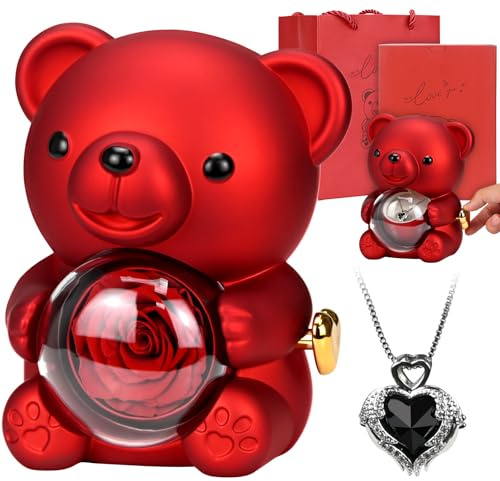 Smlper Romantic Teddy Bear with Eternal Flower - Hidden Jewelry Box and Heart-Shaped Necklace - Unique Gift for Her - Valentine's Day, Mother's Day, Weddings, Anniversaries, Bridal Showers