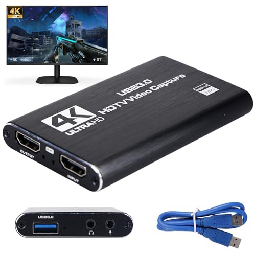 USB 3.0 Video Capture Card 4K HDMI mit Loop-Out: 1080P 60FPS Aufnahmegerät für Streaming, 4K HDMI Capture Karte, Kompatibel mit PS5, Xbox, Switch, Kamera, OBS, Plug & Play für PC/Laptop