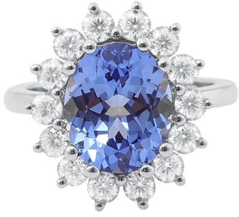 Grewod Ring Schmuck Damen Weißgold 750 Blume mit 4ct Oval Tansanit und Rund Moissanite Ringe für Hochzeit Größe 54 (17.2)